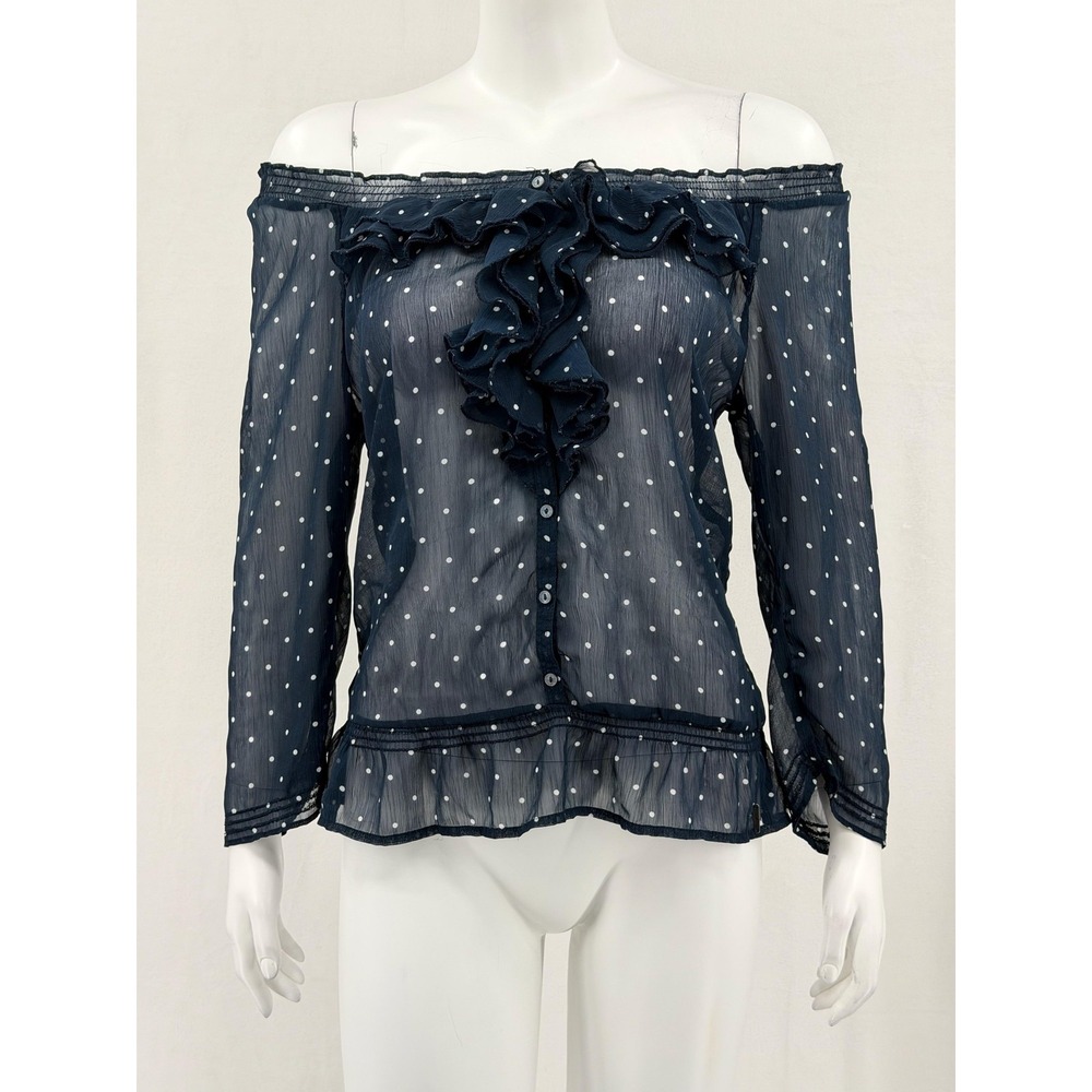 Abercrombie & Fitch Top Womens Medium Navy Off the Shoulder Ruffle Polka Dot Y2K